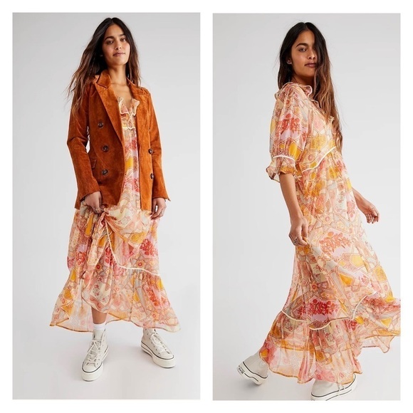 NWT FREE PEOPLE Carmella Ruffle Maxi Dress Tea Combo Medium - Picture 1 of 10
